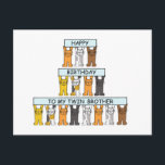 grattis på födelsedagen Twin Brother Cute Cats. Vykort<br><div class="desc">Tecknad kattungar som håller upp pastellblåa färgader som säger "Grattis på födelsedagen till min tvillingbror".</div>