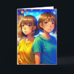 Grattis på födelsedagen Twin Sister | Anime Girls Kort<br><div class="desc">Födelsedagskort för en tvillingsyster. Färgfulla Anime Kids i stadskonsten. generativeContent</div>