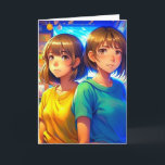 Grattis på födelsedagen Twin Sister | Anime Girls Kort<br><div class="desc">Födelsedagskort för en tvillingsyster. Färgfulla Anime Kids i stadskonsten. generativeContent</div>