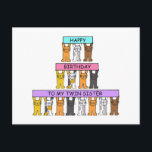 Grattis på födelsedagen Twin Sister Tecknad Cats. Vykort<br><div class="desc">Tre rader söt tecknad kattungar som håller upp rosa,  blå och mauve banderoller som säger "Grattis på födelsedagen till min tvillingsyster".</div>
