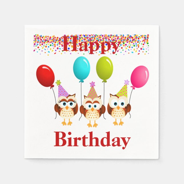 Grattis på födelsedagen Uggla och ballonger Pappersservett (Framsidan)