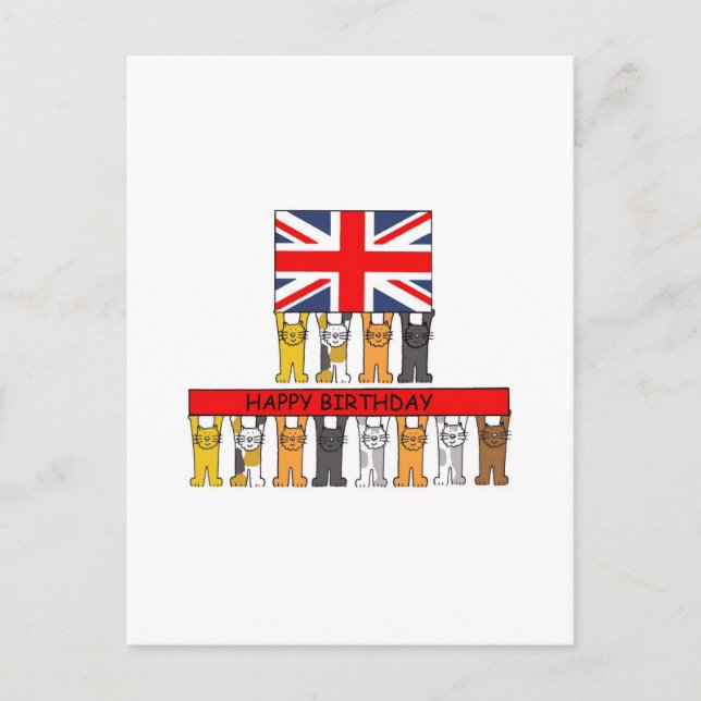 Grattis på födelsedagen Union Jack and Tecknad Cat Vykort (Framsida)