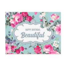 Grattis på födelsedagen, vacker. Blommor och fjäri