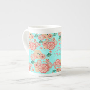 Grattis på födelsedagen - Vår Peach Flowers Garden Benporslin Mugg