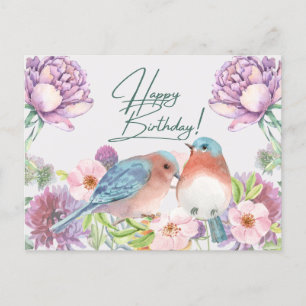 Grattis på födelsedagen Vattenfärg Blommor, Fåglar Vykort