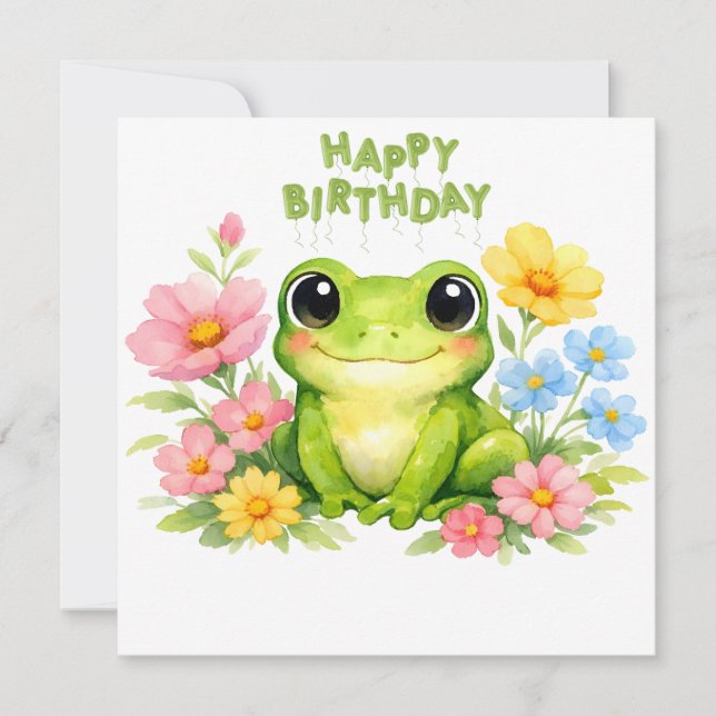 Grattis på födelsedagen Vattenfärg Groda med blomm Kort (Framsida)