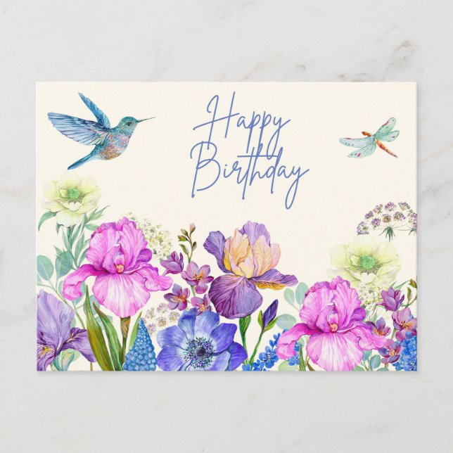 Grattis på födelsedagen Vattenfärg Iris Blommor Na Vykort (Framsida)