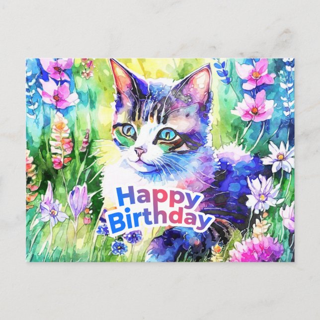 Grattis på födelsedagen Vattenfärg Katt och Blommo Vykort (Framsida)