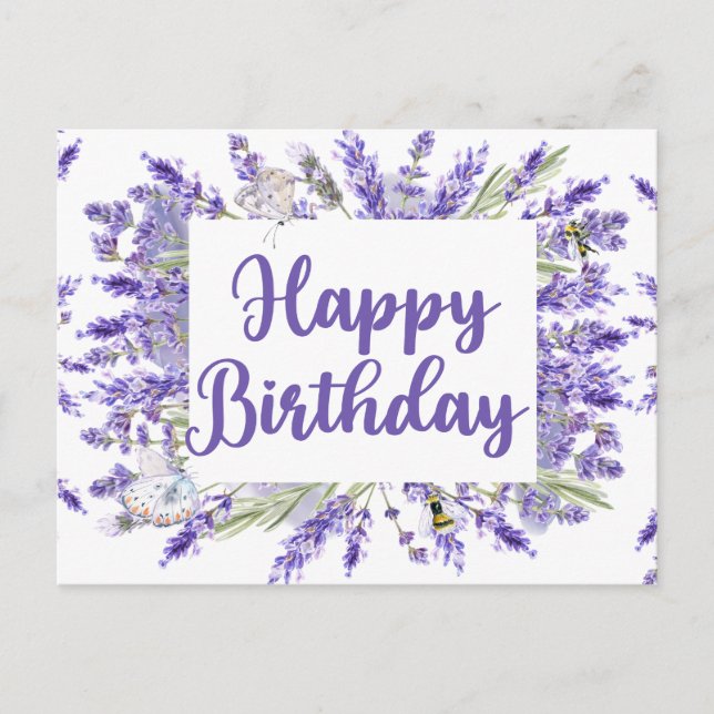 Grattis på födelsedagen Vattenfärg Lavendelblommor Vykort (Framsida)
