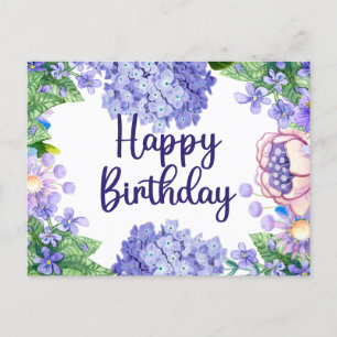 Grattis på födelsedagen Vattenfärg Lila Blommor Vykort