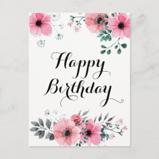 Grattis på födelsedagen Vattenfärg Rosa Blommig Vykort