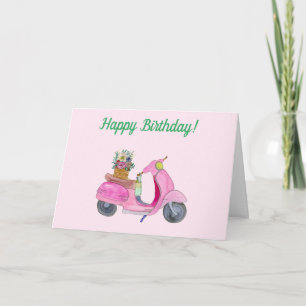 Grattis på födelsedagen Vattenfärg Scooter Blommor Kort