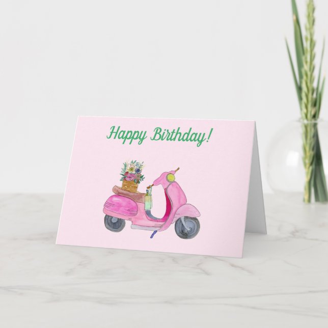 Grattis på födelsedagen Vattenfärg Scooter Blommor Kort (Framsida)