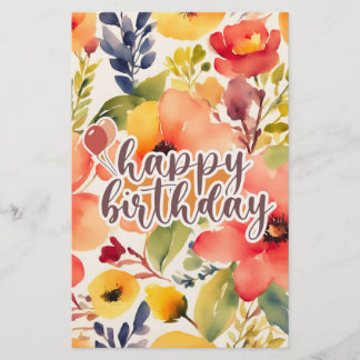 grattis på födelsedagen vattenfärgblommor stil brevpapper