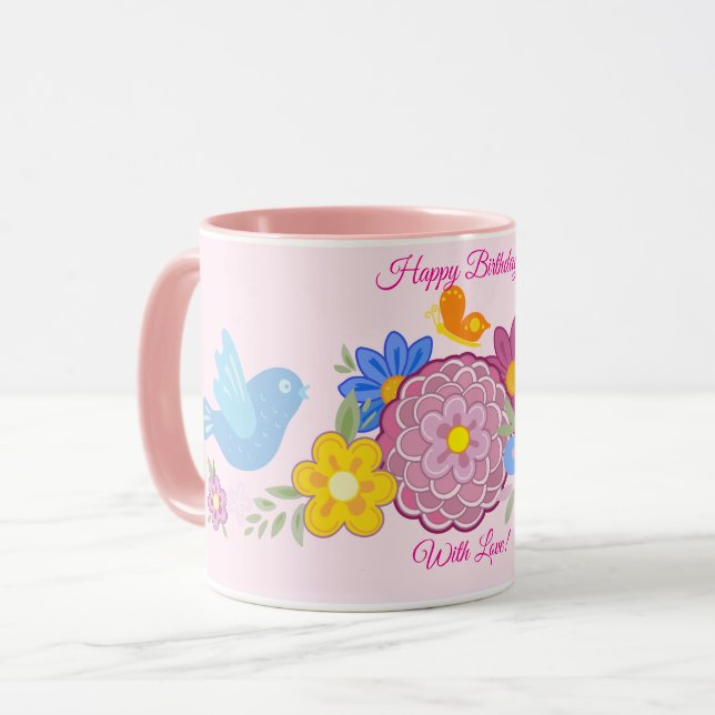 Grattis på födelsedagen Vild Flowers Garden Birds  Mugg (Framsida vänster)