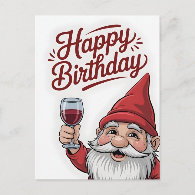 "Grattis på födelsedagen" Vin-Toastande Tomte Vykort (Framsida)