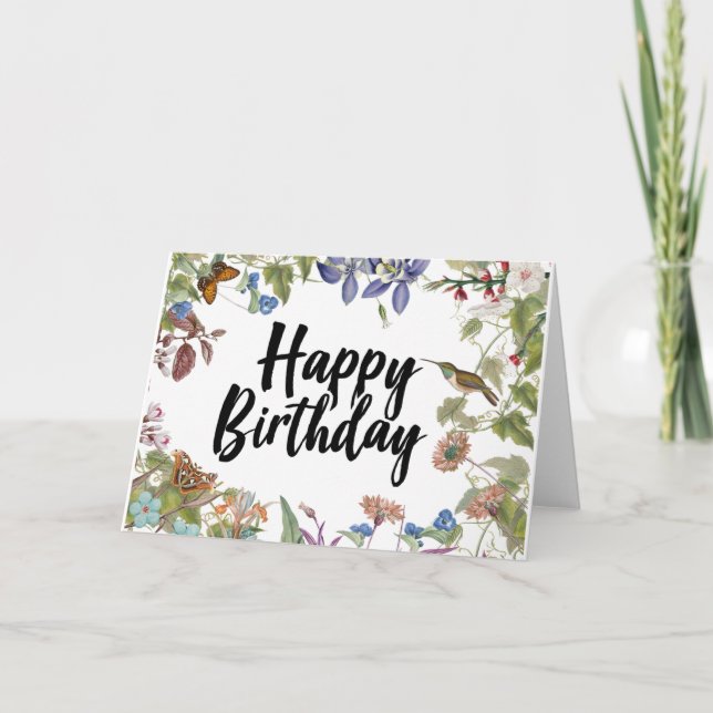 Grattis på födelsedagen Vintage Flowers Hummingbir Kort (Framsida)