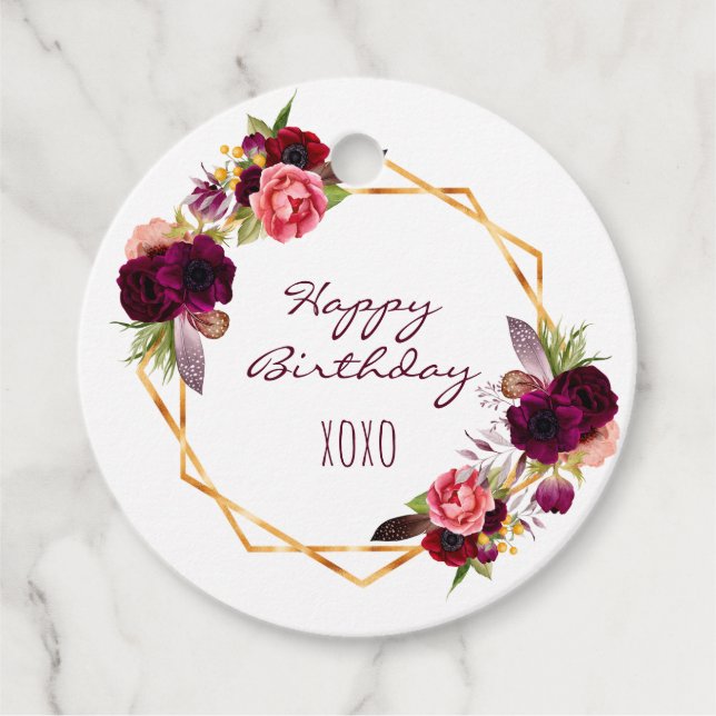 Grattis på födelsedagen, vit blommigt, guld geo bu gåvor etiketter (Framsida)