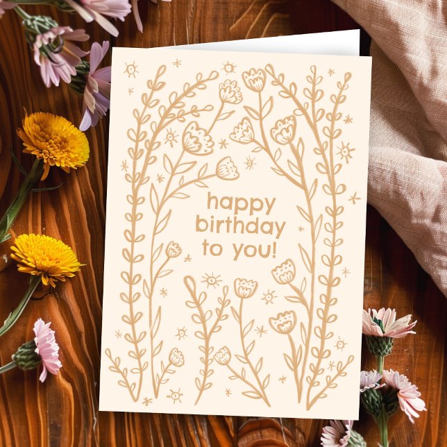 Grattis på födelsedagen Vitaktig Blommigt Sketch D Kort (Happy Birthday Whimsical Boho Floral Sketch Doodle Cute Bday Card
)