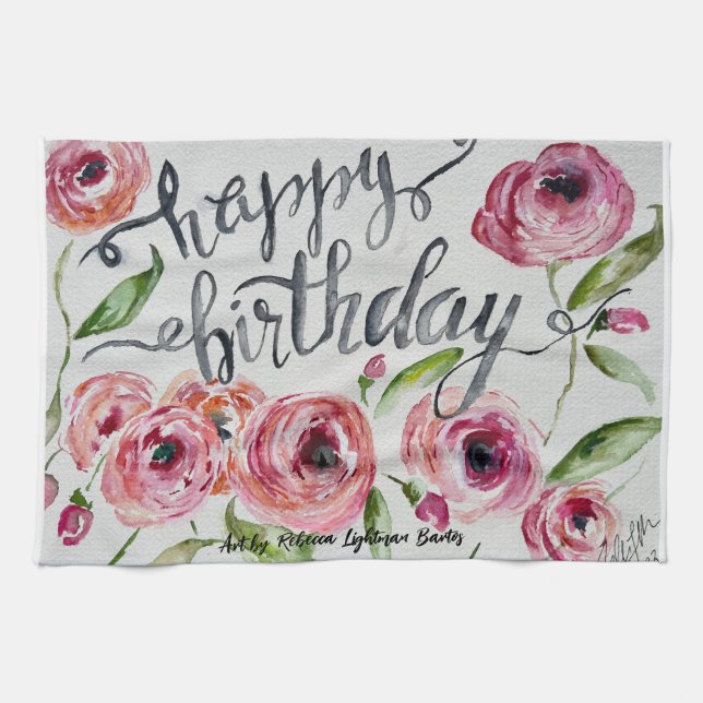 Grattis på födelsedagen Watercolor Flowers Kökshandduk (Horisontell)