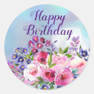 Grattis på födelsedagen Watercolor Flowers Round S Runt Klistermärke