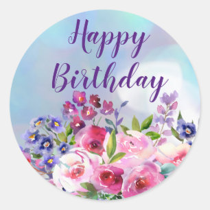 Grattis på födelsedagen Watercolor Flowers Round S Runt Klistermärke
