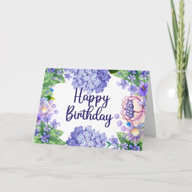 Grattis på födelsedagen Watercolor Lila blommor Kort (Framsida)