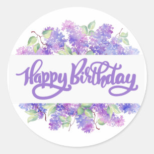 Grattis på födelsedagen Watercolor Lila Lilac Flow Runt Klistermärke