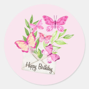 Grattis på födelsedagen Watercolor Rosa Butterflie Runt Klistermärke