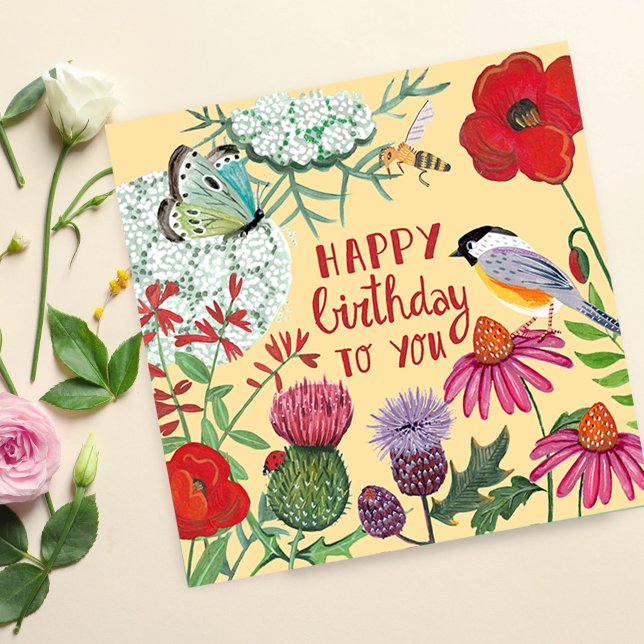 Grattis på födelsedagen Wildflower Garden Illustra (Happy Birthday Wildflower Garden Illustration Card)