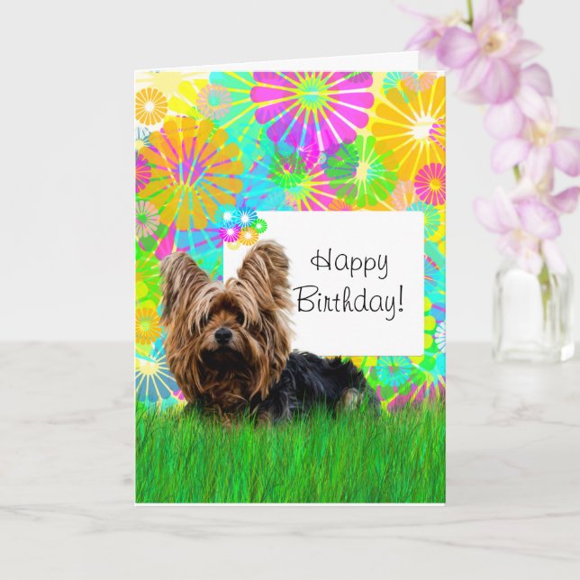 Grattis på födelsedagen Yorkie Hund Card Kort (Orkide)