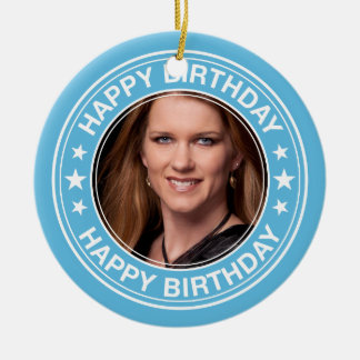 Grattis på födelsedagenbildram i blått julgransprydnad keramik