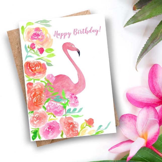 Grattis på födelsedagenblommor och Flamingo Kort (Tropical Elegance: A Stunning Watercolor Birthday Card for Artistic Souls.)