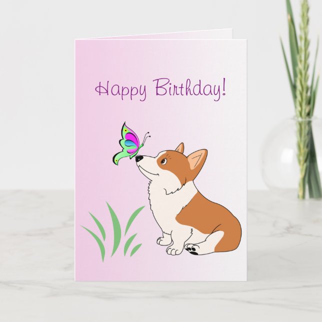 Grattis på födelsedagenCorgi med fjärilen Kort (Framsida)