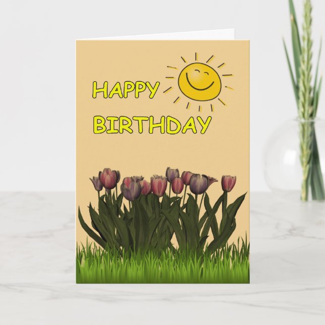 Grattis på födelsedagensol och blommor kort (Framsida)
