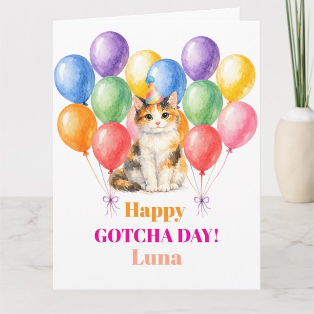 Grattis på Gotcha-dagen Calico Katt Djur Kort (Framsida)