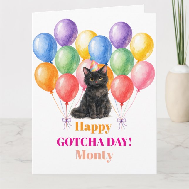 Grattis på Gotcha-dagen svarta katt-djur Kort (Framsida)