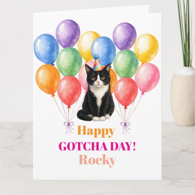 Grattis på Gotcha-dagen Tuxedo Cat Husdjur Kort (Framsida)