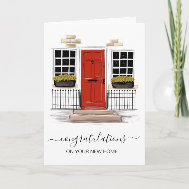 Grattis på hemjubileumskort, röda dörr-illustratio kort (Framsida)