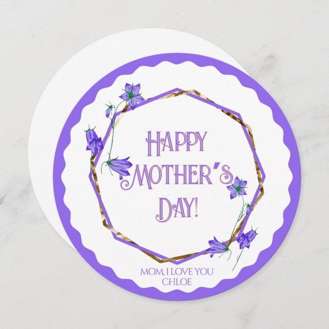 Grattis på mors dag - Lila blåklockor och guld - Kort (Fram/baksida)