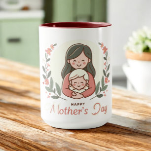 Grattis på mors dag - Mor & Barn Omfamning Blommig Mugg