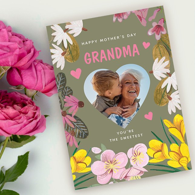 Grattis på mors dag Mormor Söta Blommiga Foto Kort (Happy Mother’s Day Grandma Sweet Floral Photo Card)