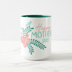 Grattis på mors dag text blommor och fåglar mugg