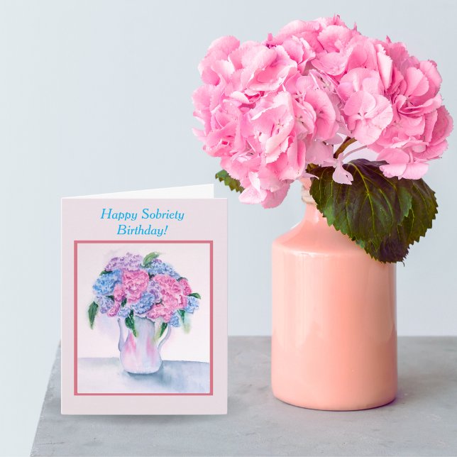Grattis på nykterhetsdagen Vattenfärg Hydrangea-ko Kort (Skapare uppladdad)