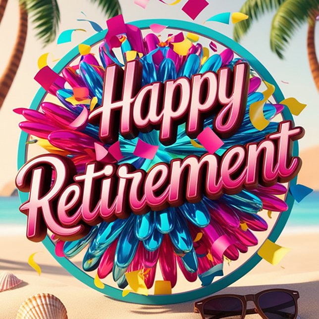 Grattis på pensionen julkort (A vibrant beach scene unfolds, showcasing a colorful retirement celebration.)