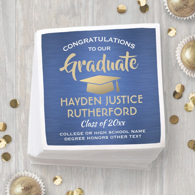 Grattis på studenten Borstat modernt blått guld vi Pappersservett (Skapare uppladdad)