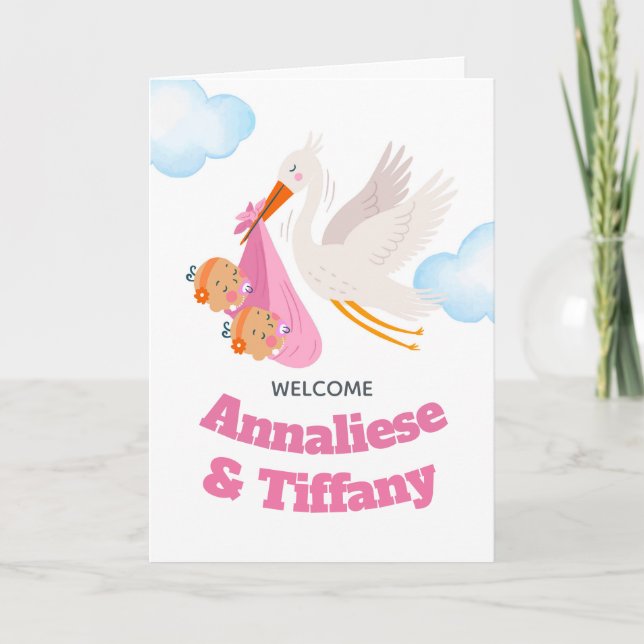 Grattis på tvillingflickor Stork-paket Kort (Framsida)