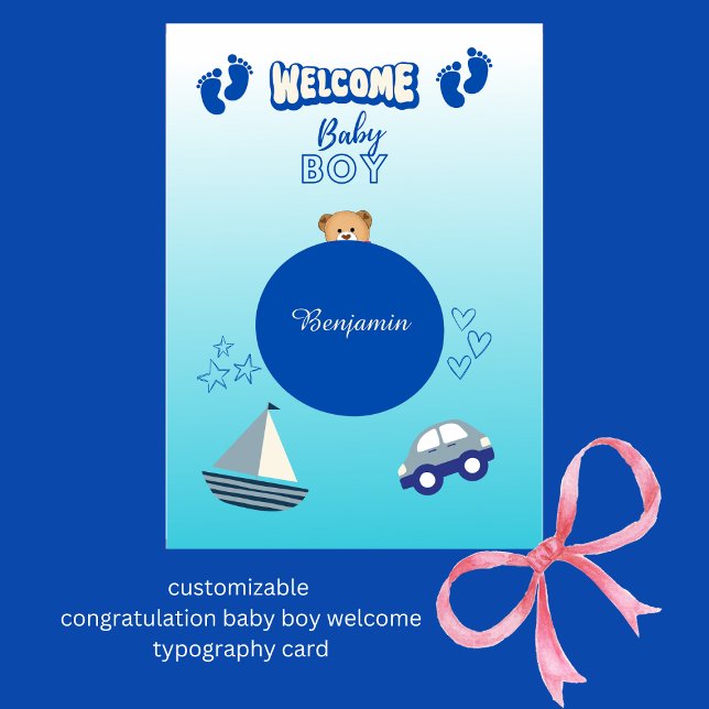 grattis pojke-välkomsttypografiskt kort (customizable 
congratulation baby boy welcome typography card
by Hobinishop)