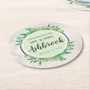 Grattis Rustic Wood & Eucalyptus Botanical Underlägg Papper Rund