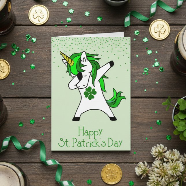 Grattis St. Patricks dag Grön Dabbig Enhörning Kort (Skapare uppladdad)